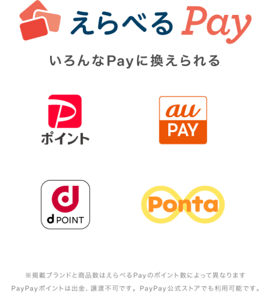 えらべるPay いろんなPayに換えられる　※掲載ブランドと商品数はえらべるPayのポイント数によって異なります。PayPayポイントは出金、譲渡不可です。PayPay公式ストアでも利用可能です。「QUOカードPay」もしくは「クオ・カード　ペイ」およびそれらのロゴは（株）クオカードの登録商標です。「nanaco」は株式会社セブン・カードサービスの登録商標です。
