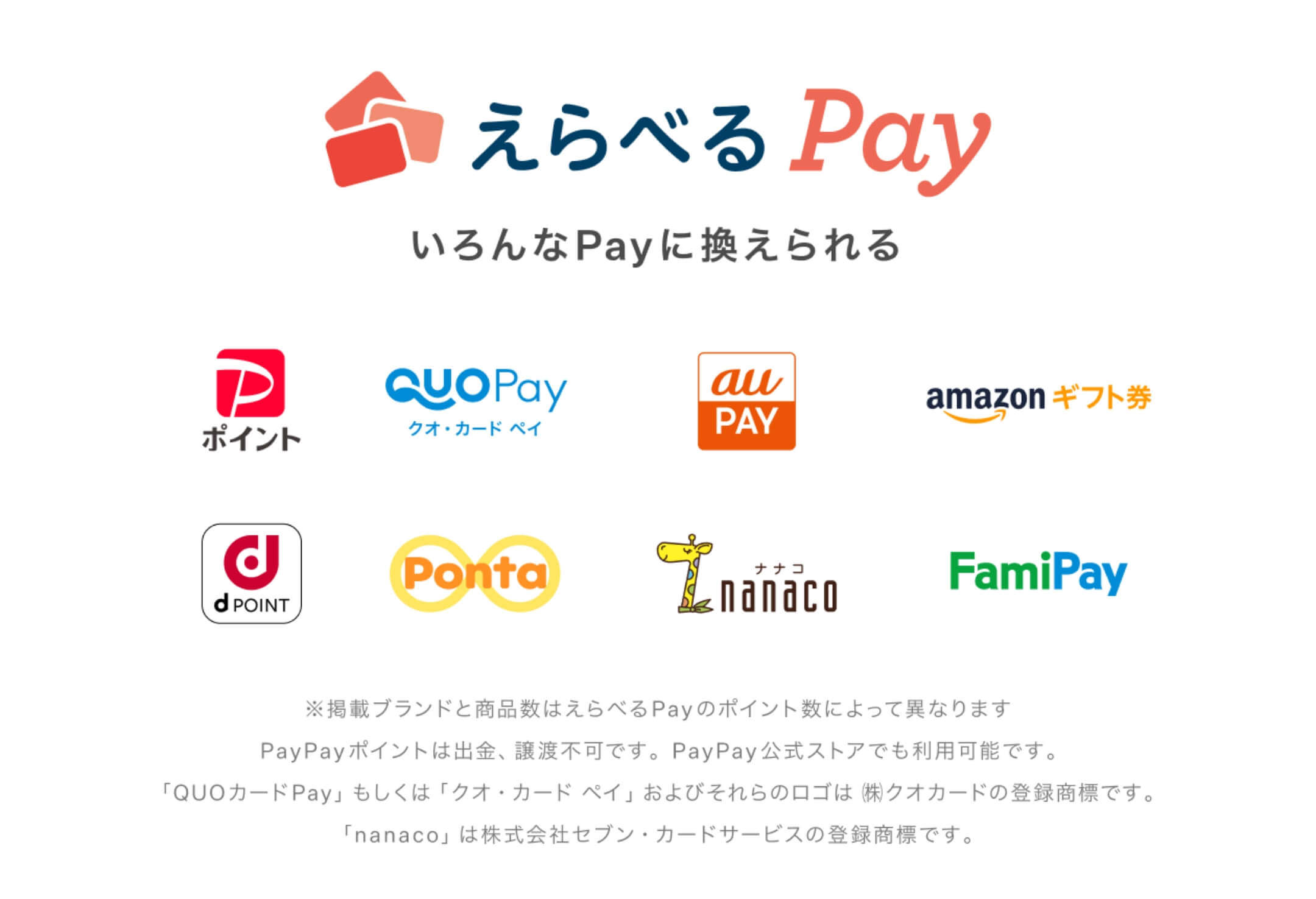 えらべるPay いろんなPayに換えられる PayPay、クオ・カード ペイ、AU PAY、amazonギフト券、d POINT、Ponta、nanaco、FamiPay ※掲載ブランドと商品数はえらべるPayのポイント数によって異なります PayPayポイントは出金、譲渡不可です。PayPay公式ストアでも利用可能です。「QUOカードPay」もしくは「クオ・カード ペイ」およびそれらのロゴは㈱クオカードの登録商標です。「nanaco」は株式会社セブン・カードサービスの登録商標です。