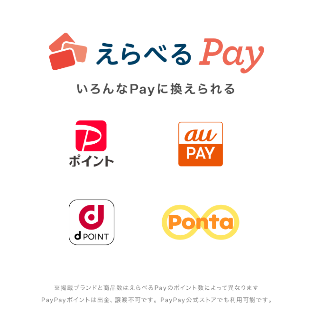 えらべるPay いろんなPayに換えられる ※掲載ブランドと商品数はえらべるPayのポイント数によって異なります。PayPayポイントは出金、譲渡不可です。PayPay公式ストアでも利用可能です。